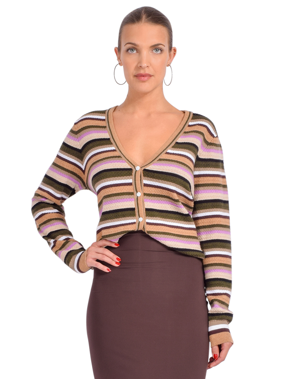 Minnie Rose Cotton Cashmere Weekend Texture Stripe Cardigan in Multi Front View 