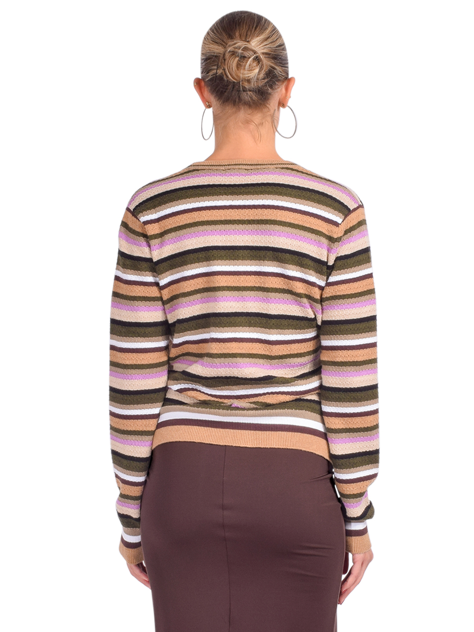 Minnie Rose Cotton Cashmere Weekend Texture Stripe Cardigan in Multi Back View 

