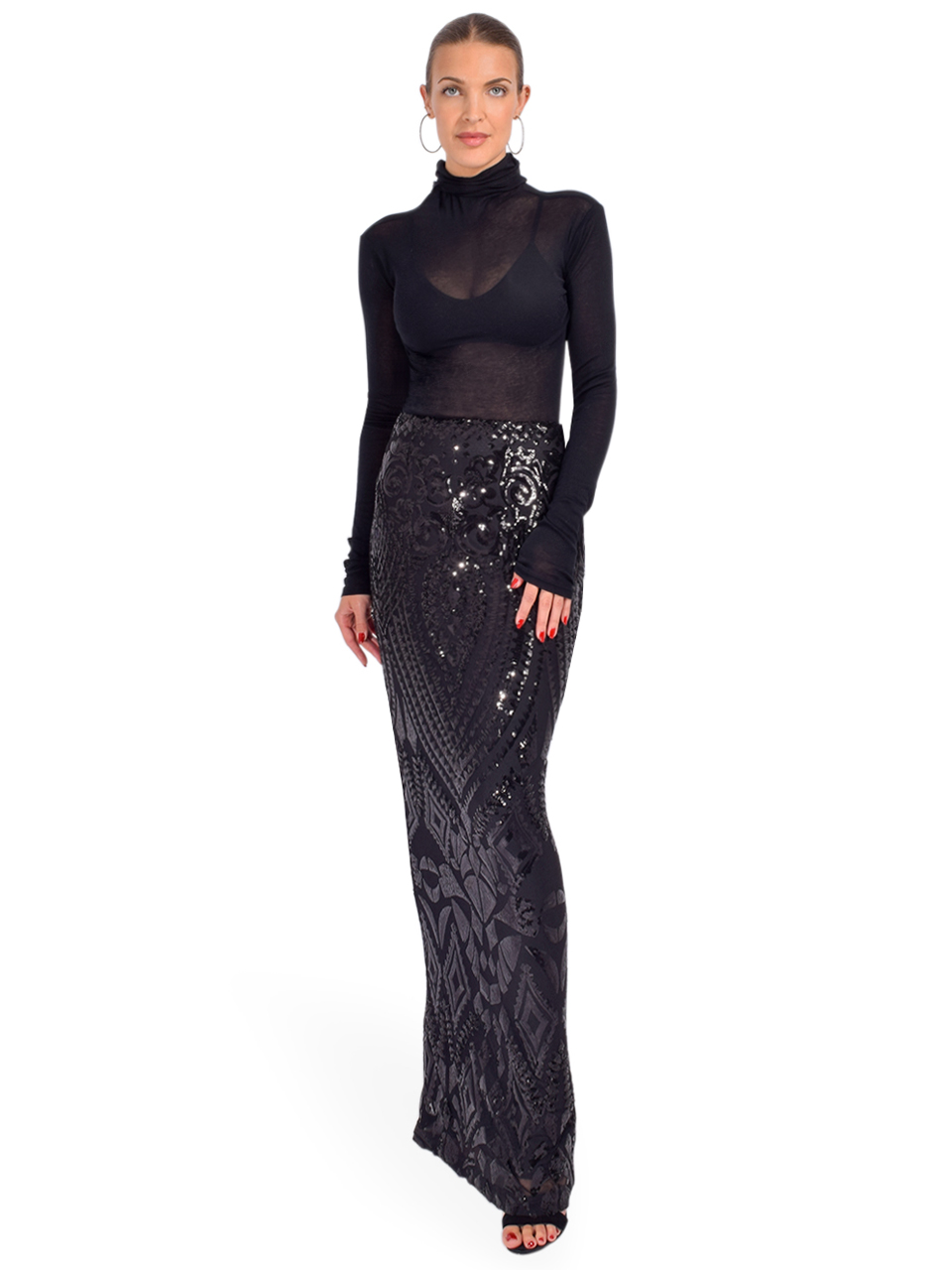 RTA Adele Sequin Maxi Skirt in Black Full Outfit 