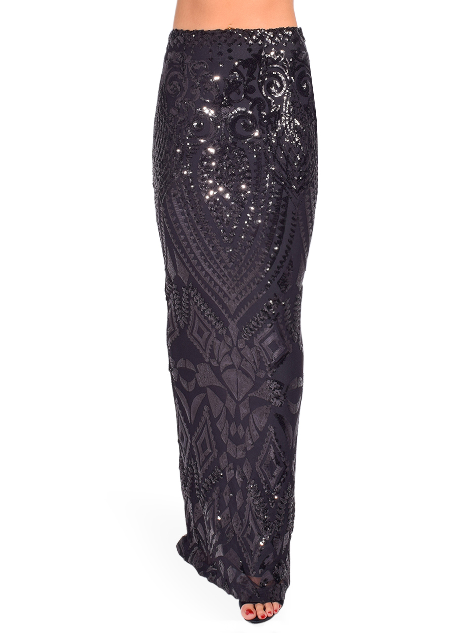 RTA Adele Sequin Maxi Skirt in Black Front View 