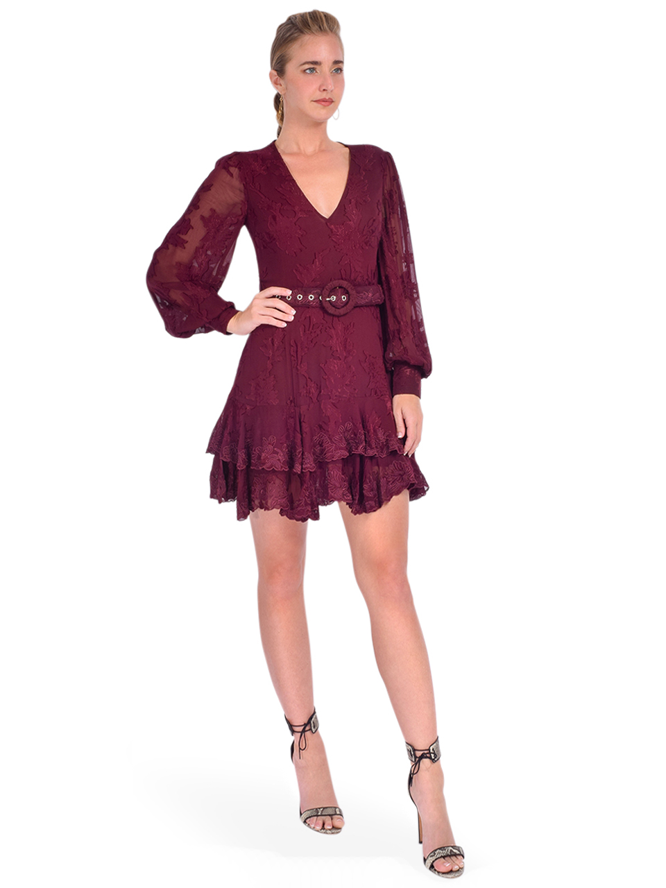 Hemant & Nandita Tiya Short Dress With Belt in Burgundy Side View 