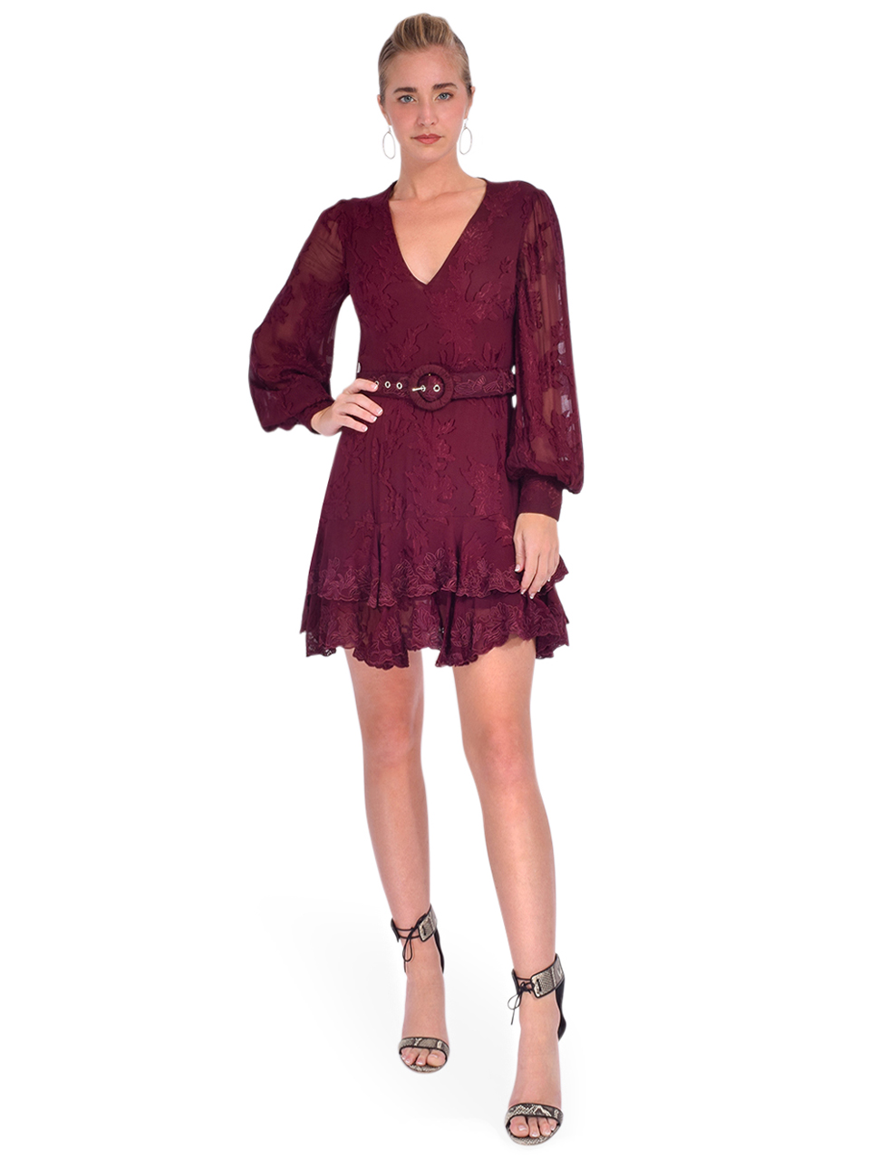 Hemant & Nandita Tiya Short Dress With Belt in Burgundy Front View 