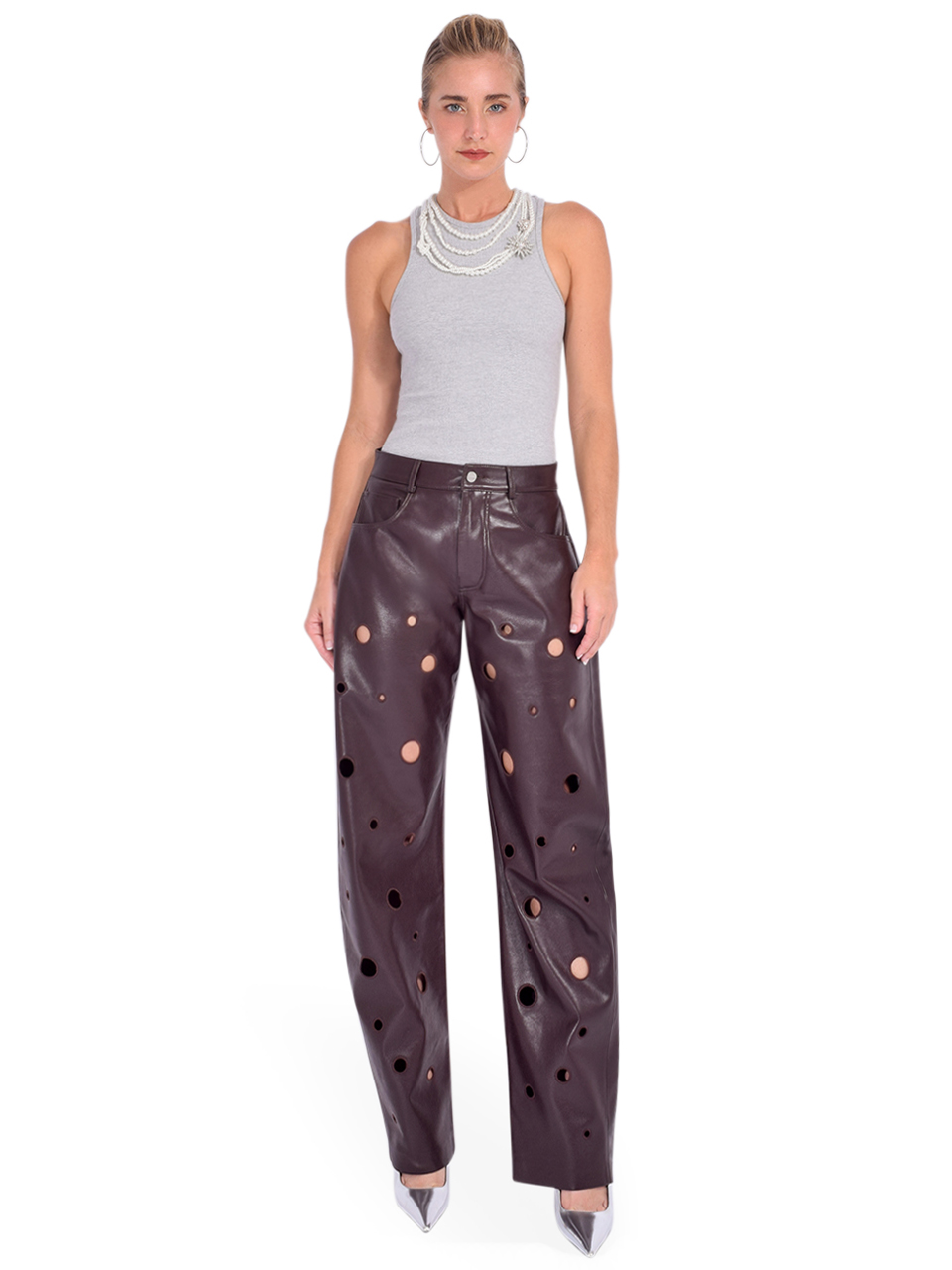 LAMARQUE Ventana Sustainable Recycled Leather Pants in Mahogany Full Outfit  LAMARQUE Ventana Sustainable Recycled Leather Pants in Mahogany Full Outfit