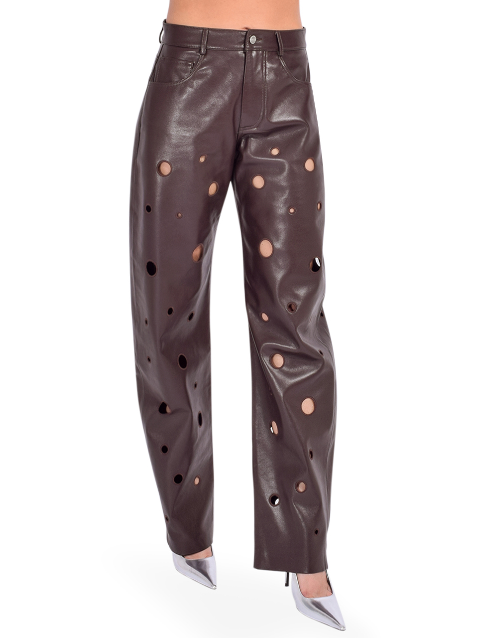 LAMARQUE Ventana Sustainable Recycled Leather Pants in Mahogany Side View  LAMARQUE Ventana Sustainable Recycled Leather Pants in Mahogany Side View