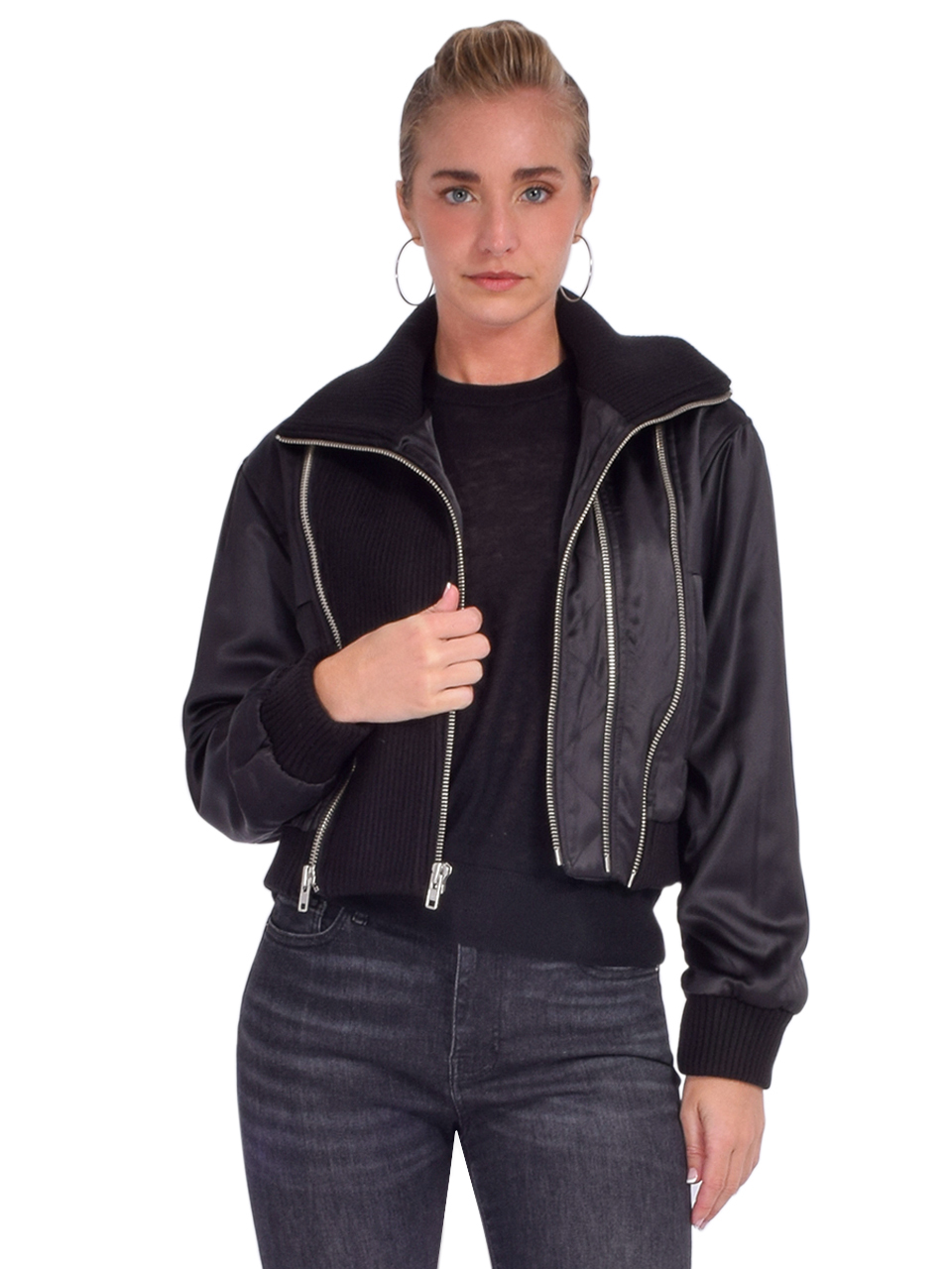 CHRLDR Amber Zippered Bomber Jacket in Black Front View 