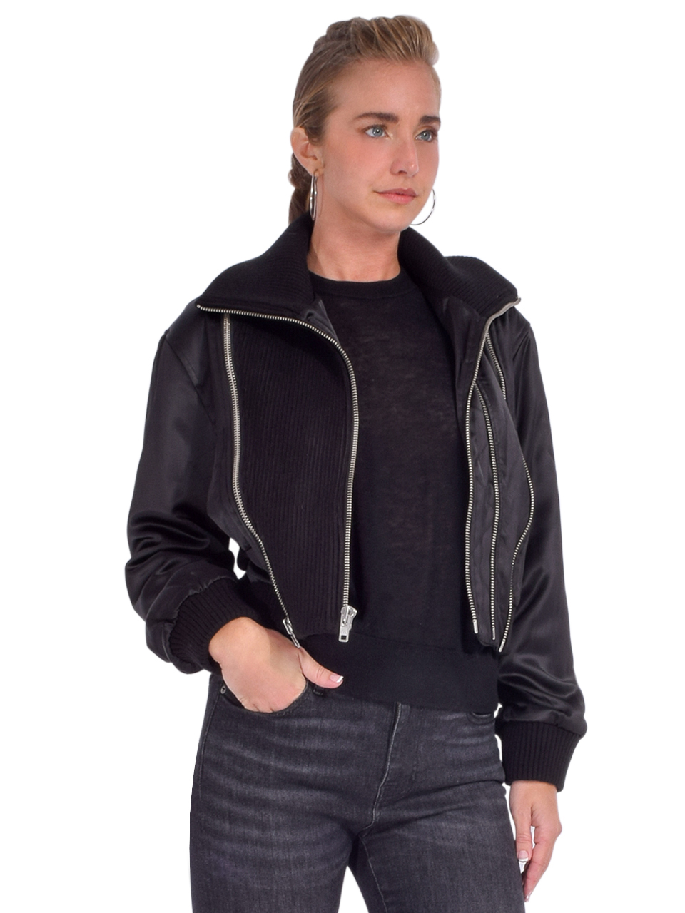 CHRLDR Amber Zippered Bomber Jacket in Black Side View 