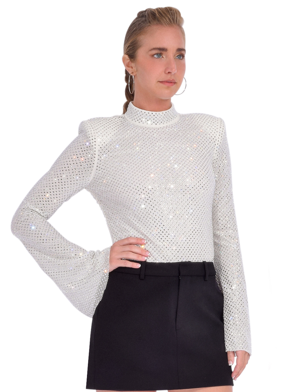 Self-Portrait Silver Rhinestone Fishnet Top Side View 