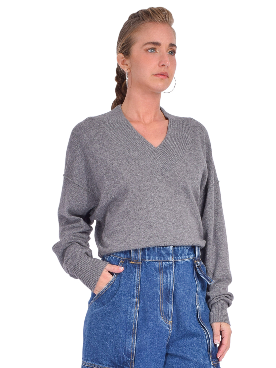 ESSENTIEL ANTWERP Gecko V-Neck Knit Sweater in Gray Side View