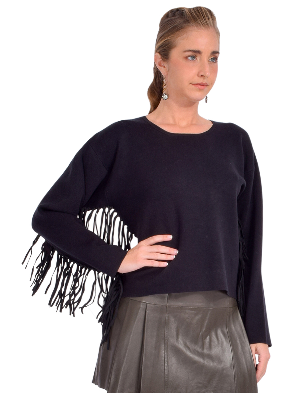 MUNTHE Tagillu Fringe Sweatshirt in Black Side View 