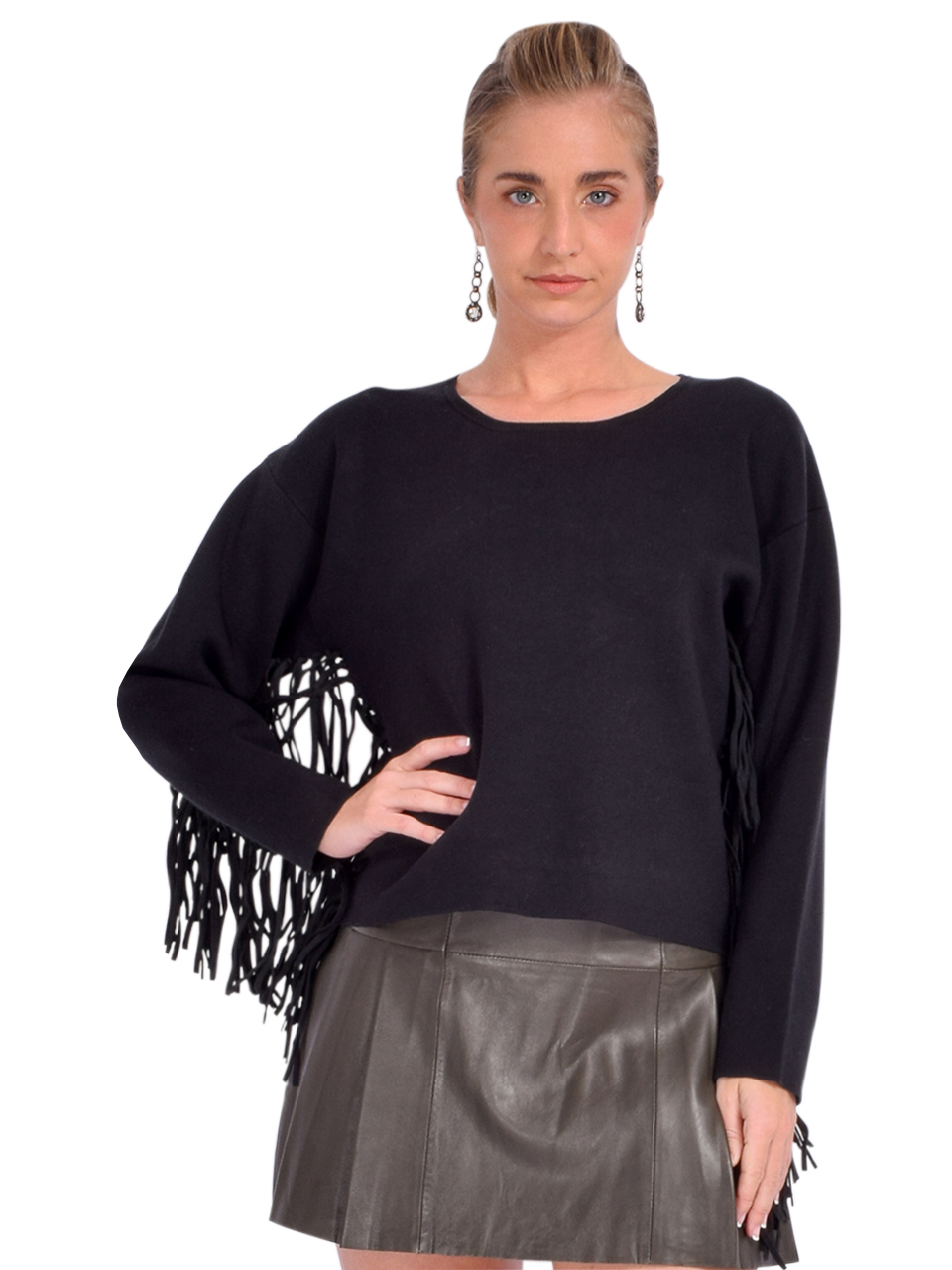 MUNTHE Tagillu Fringe Sweatshirt in Black Front View 