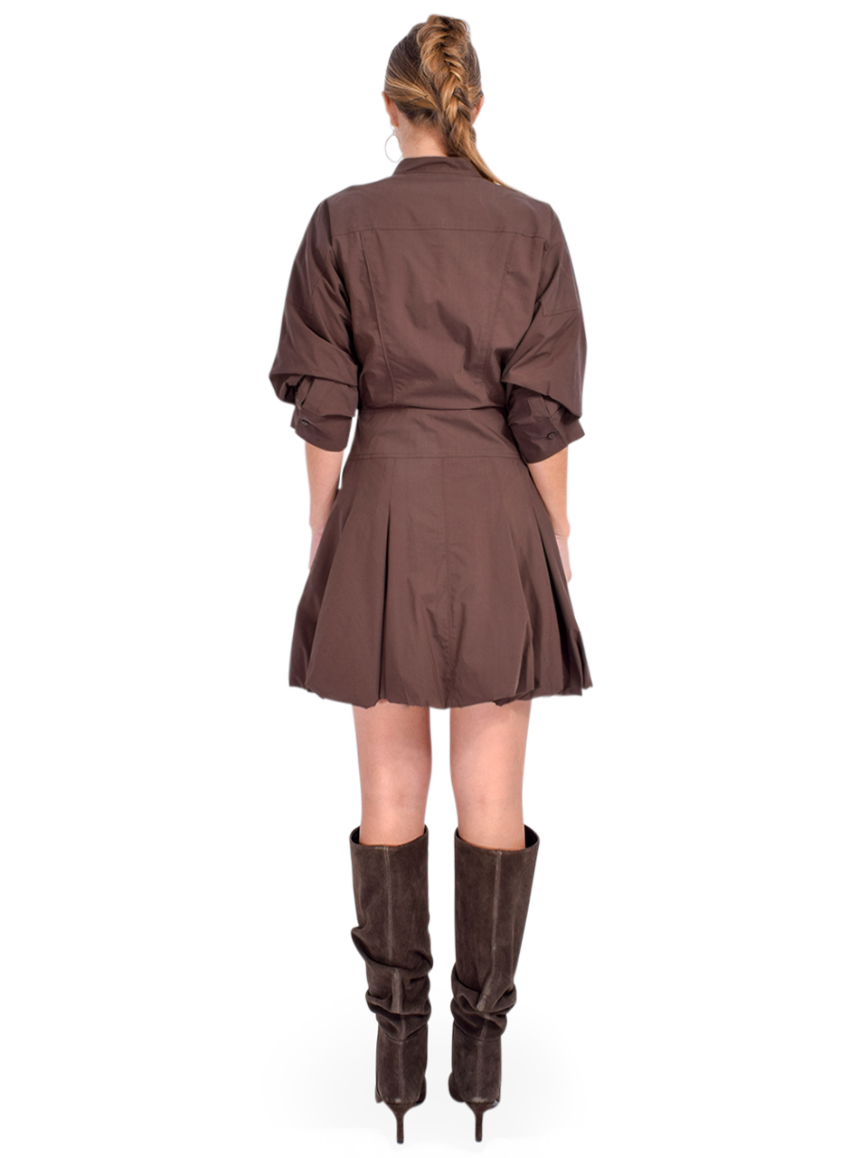 SIMKHAI Effie Bubble Mini Dress In Chocolate Back View 
