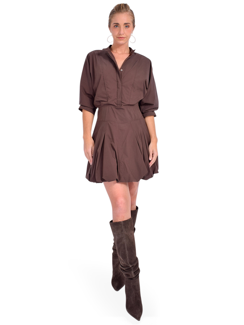 SIMKHAI Effie Bubble Mini Dress In Chocolate Front View 2
