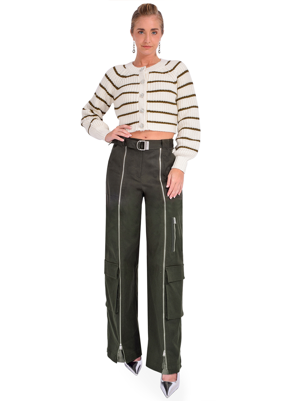 Cinq a Sept Striped Millie Cardigan in Ivory Full Outfit 