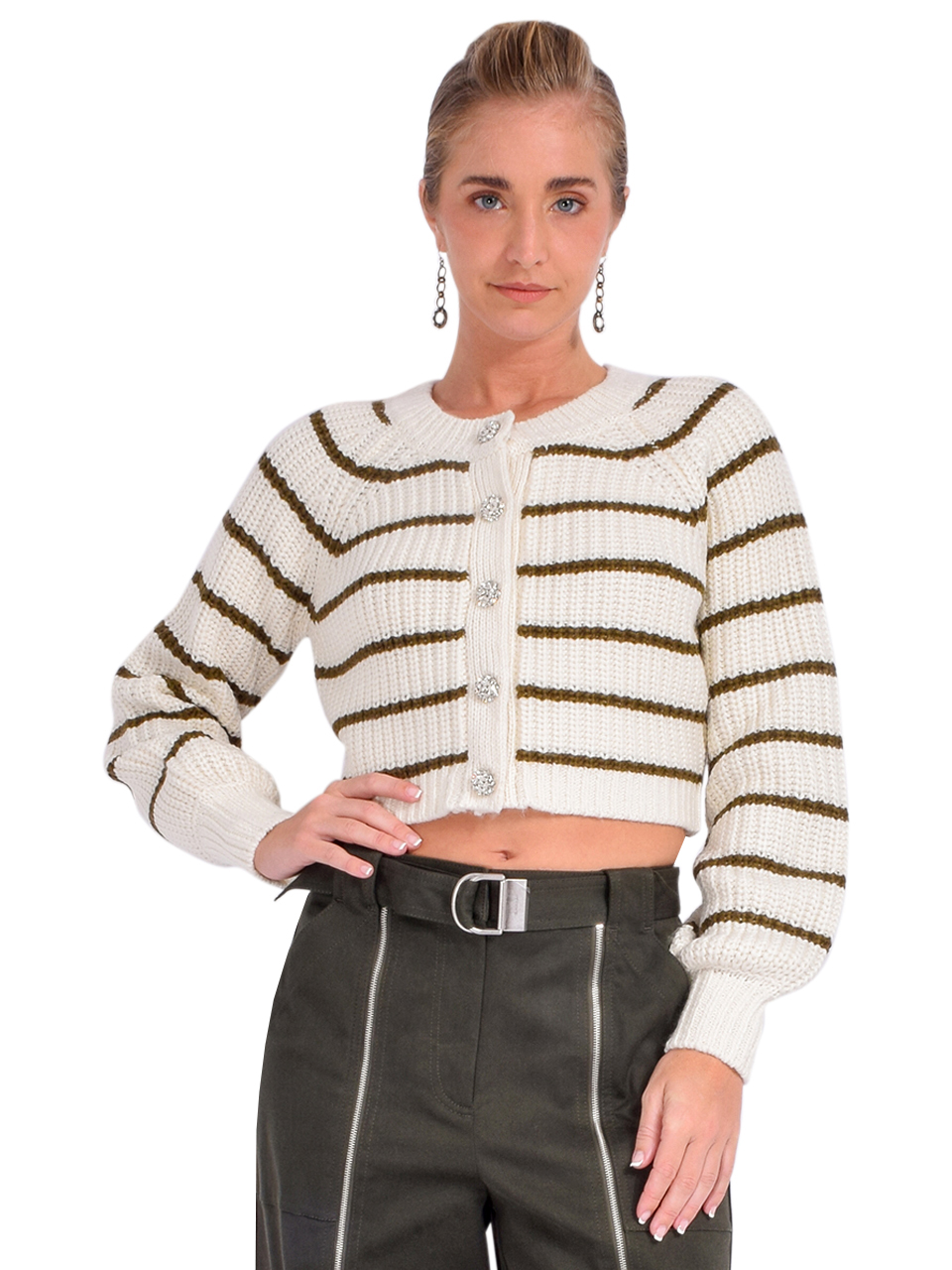 Cinq a Sept Striped Millie Cardigan in Ivory Front View 