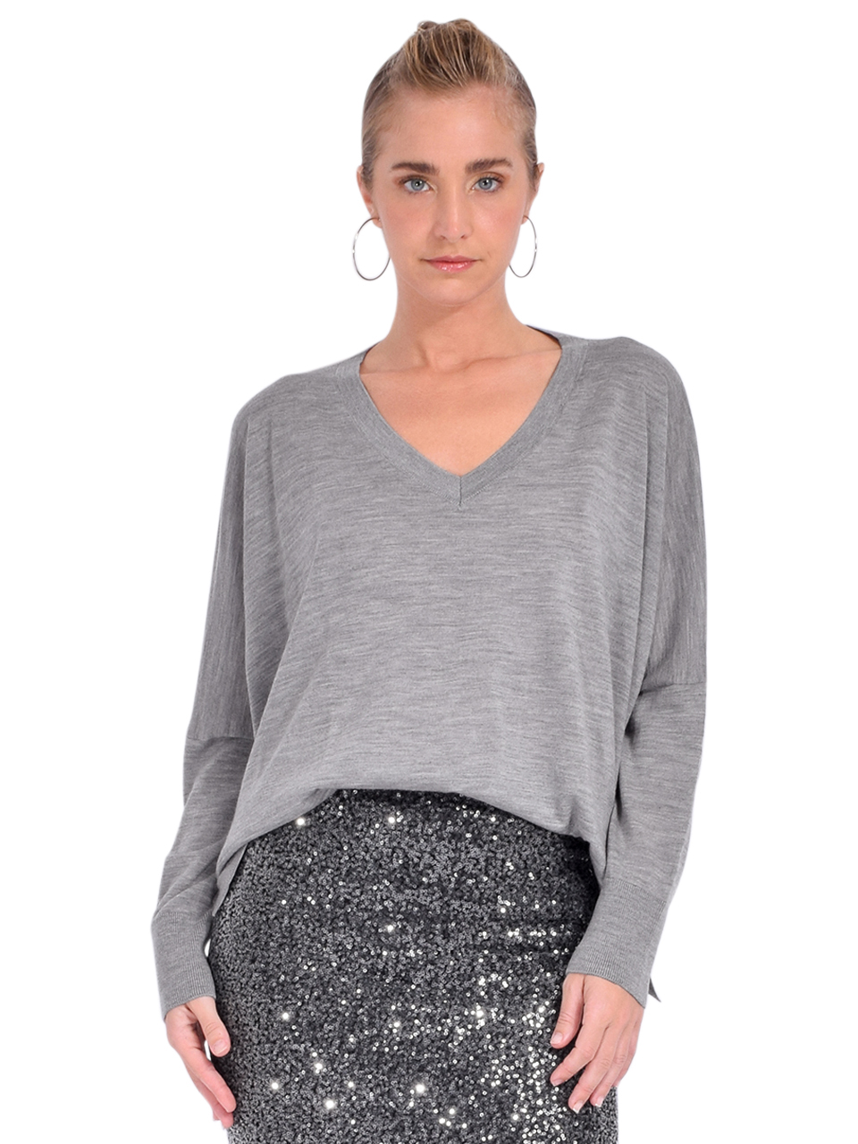 Ottod'Ame Merino Wool V-Neck Pullover in Fog Gray Front View 