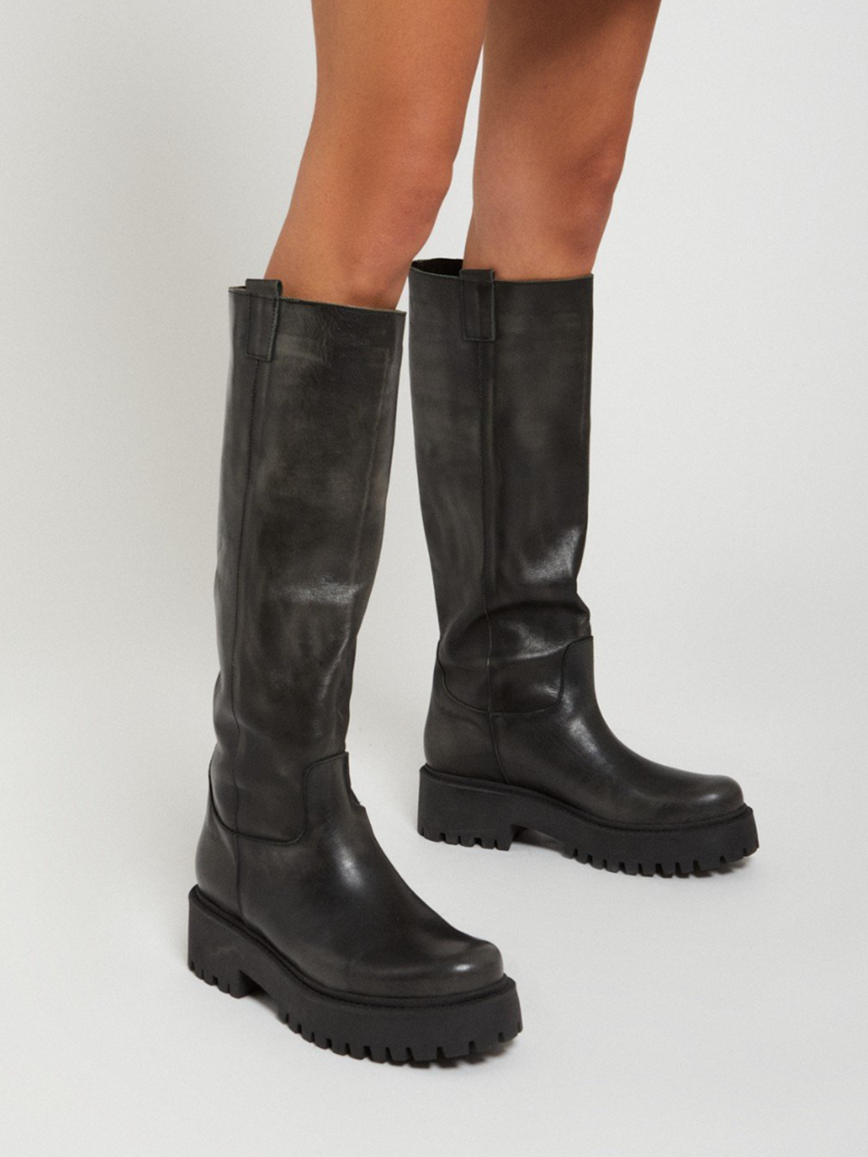 Ottod'Ame Leather Biker Boot with Rubber Sole in Black on Model