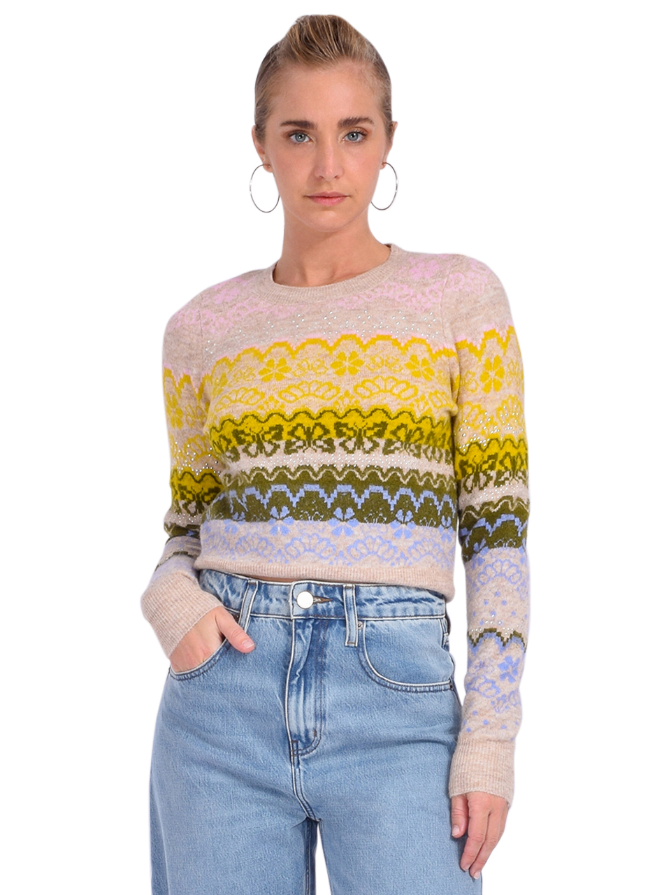 Cinq a Sept Lace Fair Isle Pullover Oatmeal Multi Front View 