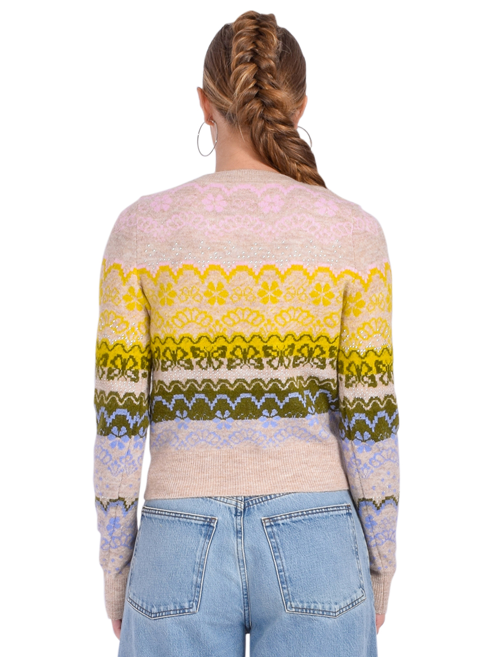 Cinq a Sept Lace Fair Isle Pullover Oatmeal Multi Back View 