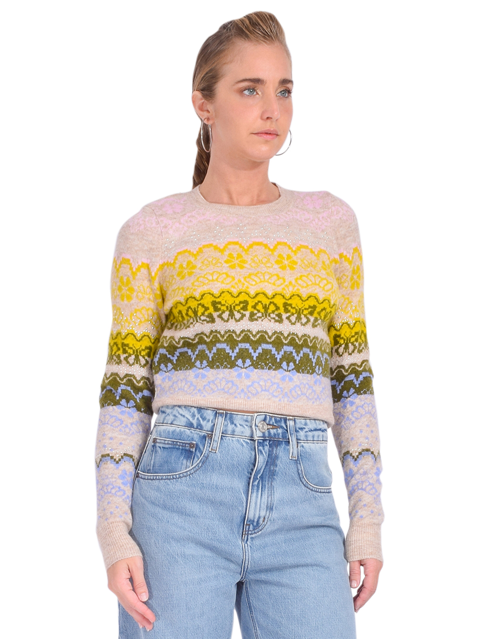 Cinq a Sept Lace Fair Isle Pullover Oatmeal Multi Side View 