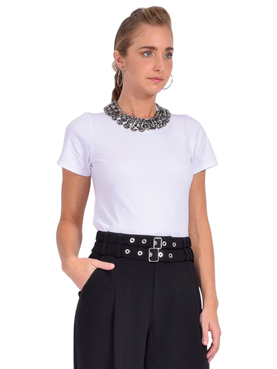 Cinq a Sept Chunky Necklace Tee in White Side View 