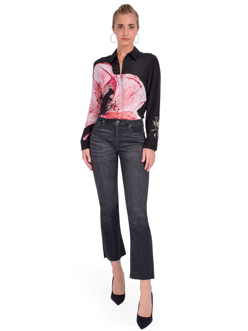 Alice + Olivia Willa Placket Top in Black Luna Floral Full Outfit 
