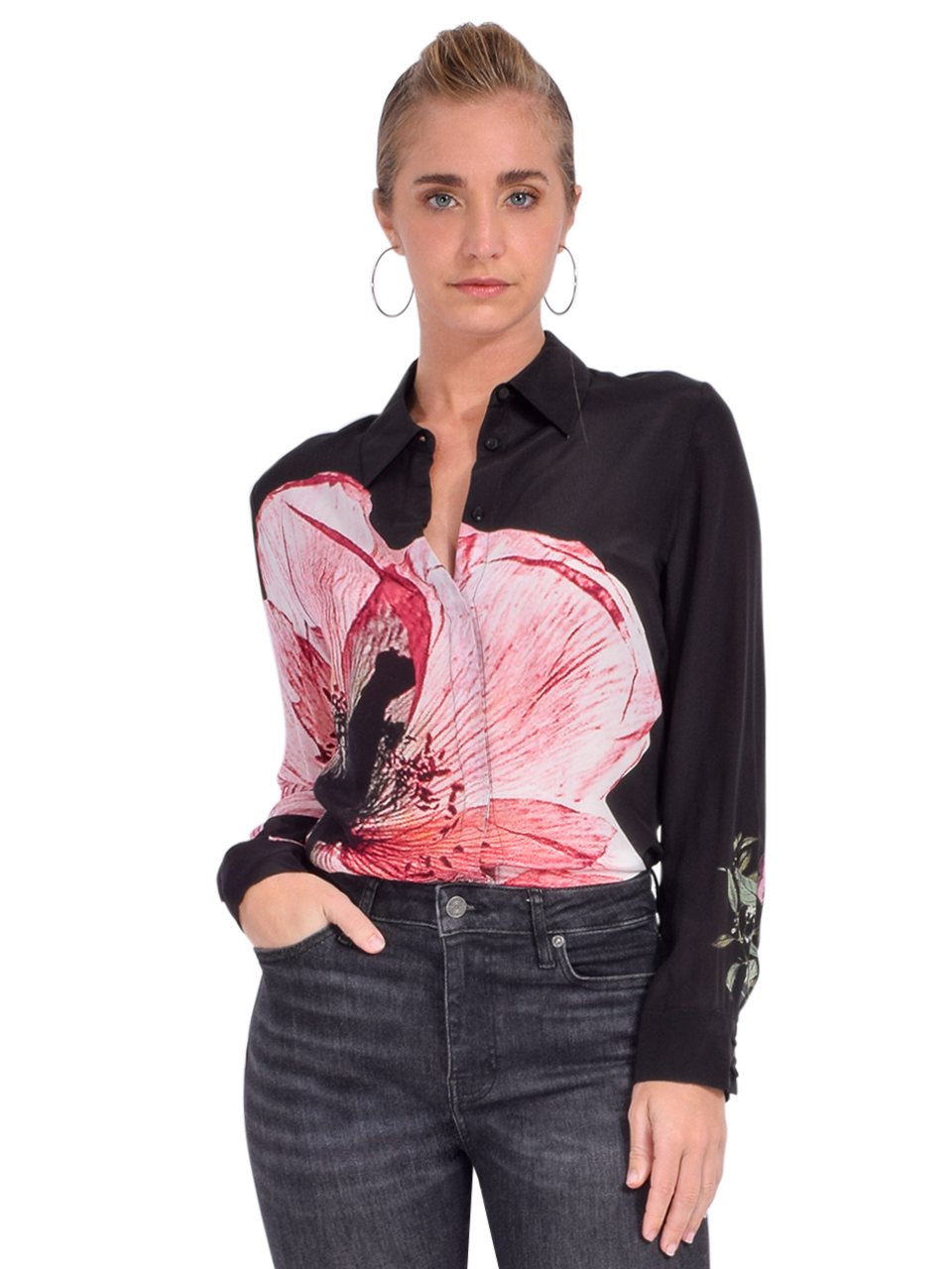Alice + Olivia Willa Placket Top in Black Luna Floral Front View