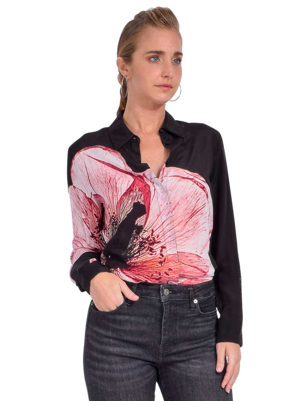 Alice + Olivia Willa Placket Top in Black Luna Floral Side View 
 