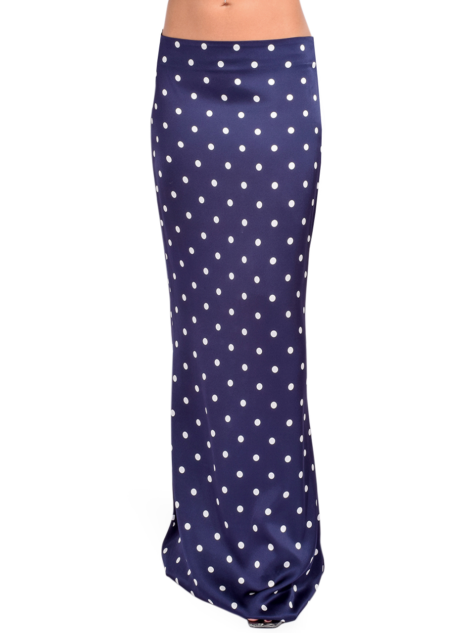 Retrofete Darla Silk Skirt in Navy Polka Dot Front View 