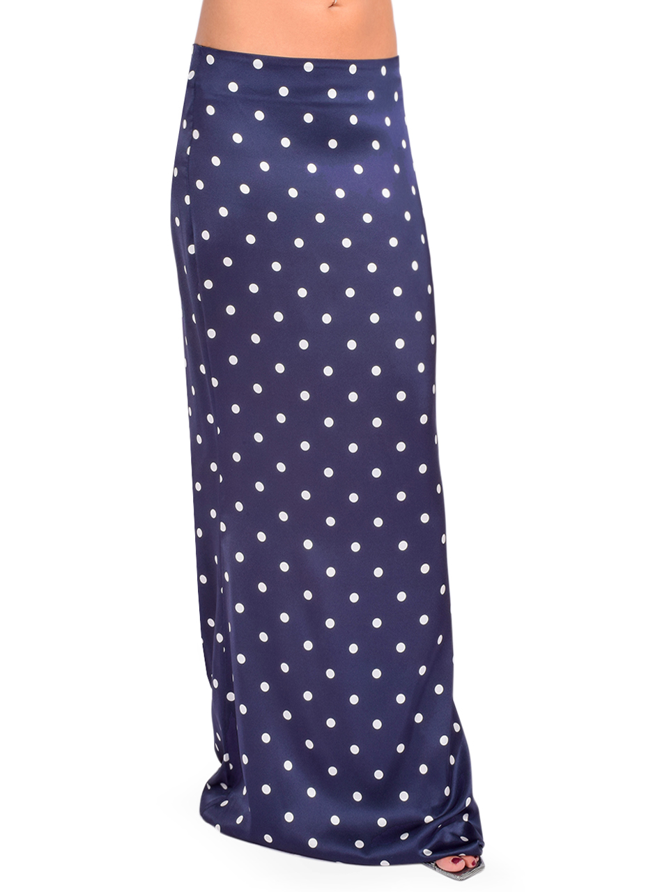 Retrofete Darla Silk Skirt in Navy Polka Dot Side View 