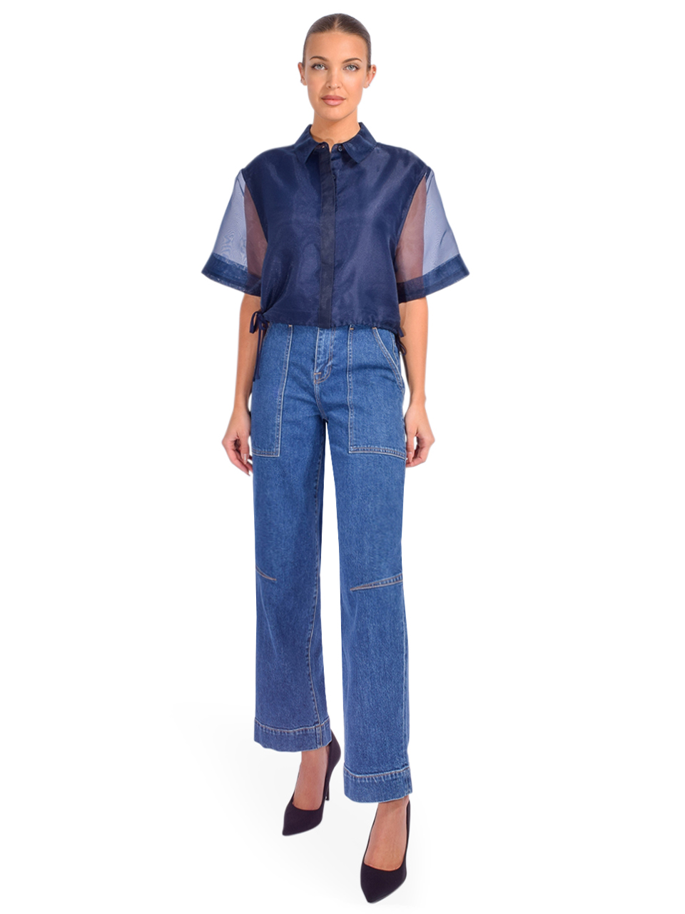 SIMKHAI Ryett Crop Shirt in Midnight Full Outfit 
 