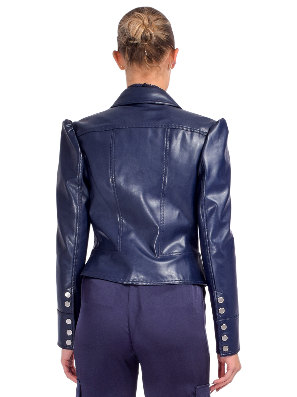 SIMKHAI Wyatt Vegan Leather Jacket in Midnight Back View 