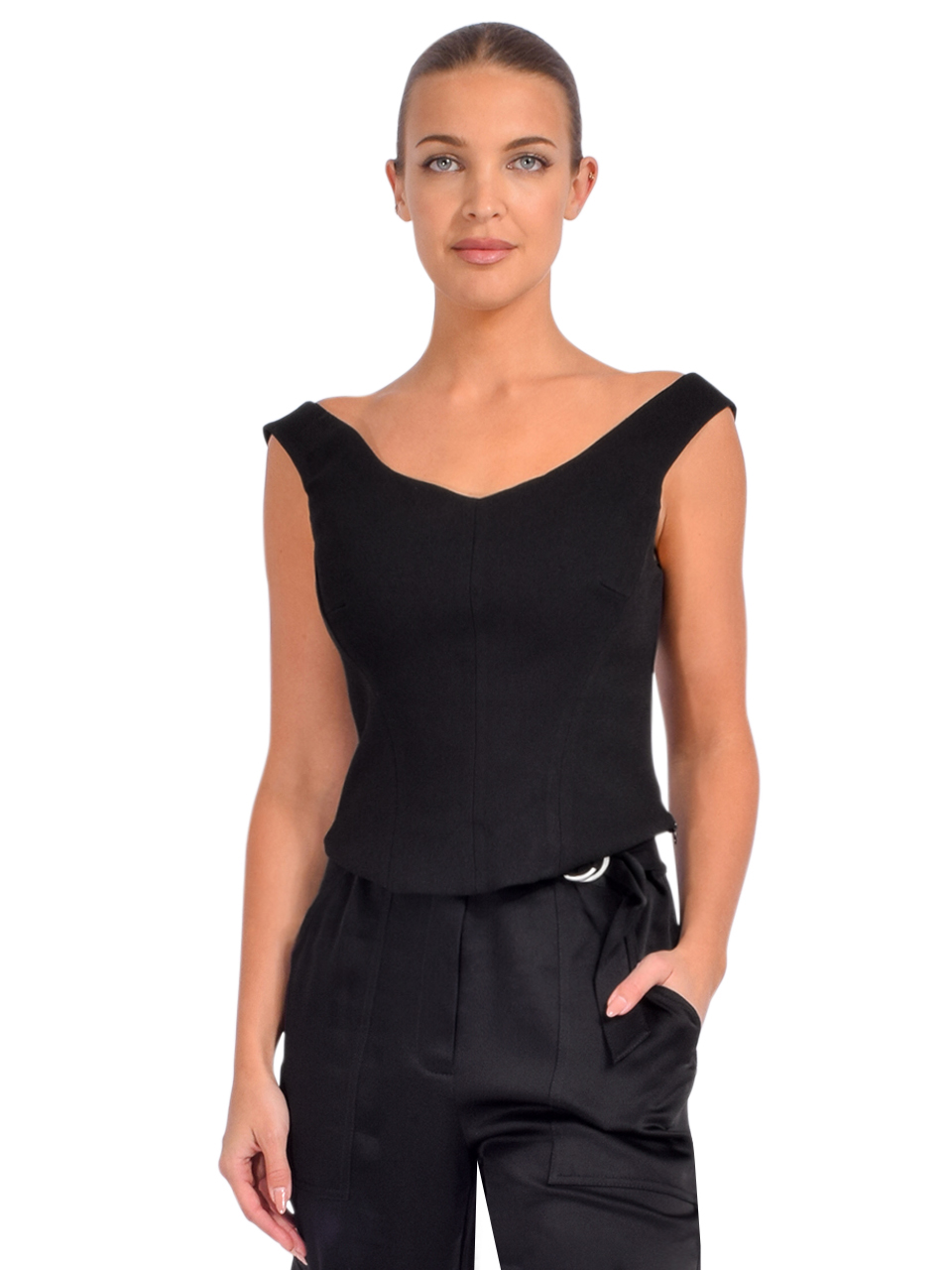 SIMKHAI Emri Off Shoulder Top in Black Front View 