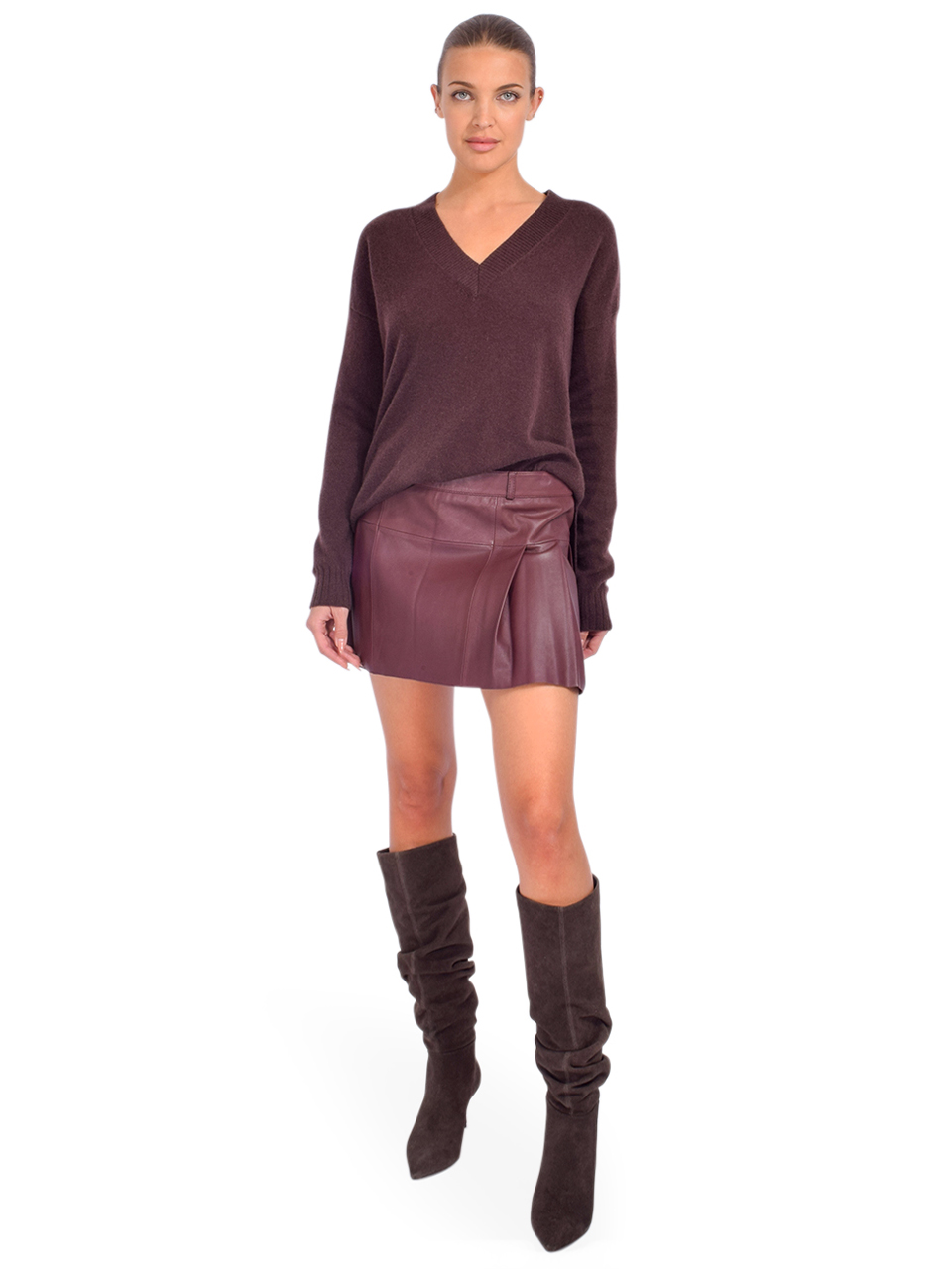 Minnie Rose Cashmere Long and Lean V in Chocolate Full Outfit 