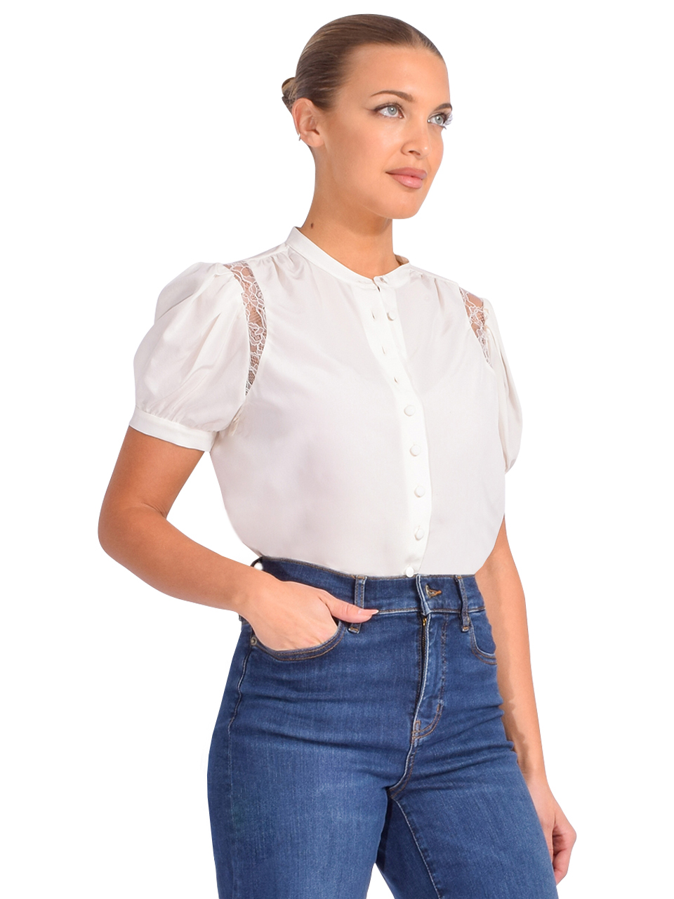 FRAME Lace Shoulder Inset Blouse in Cream Side View 