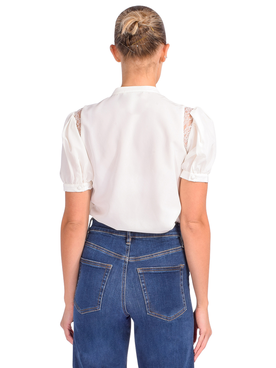 FRAME Lace Shoulder Inset Blouse in Cream Back View 