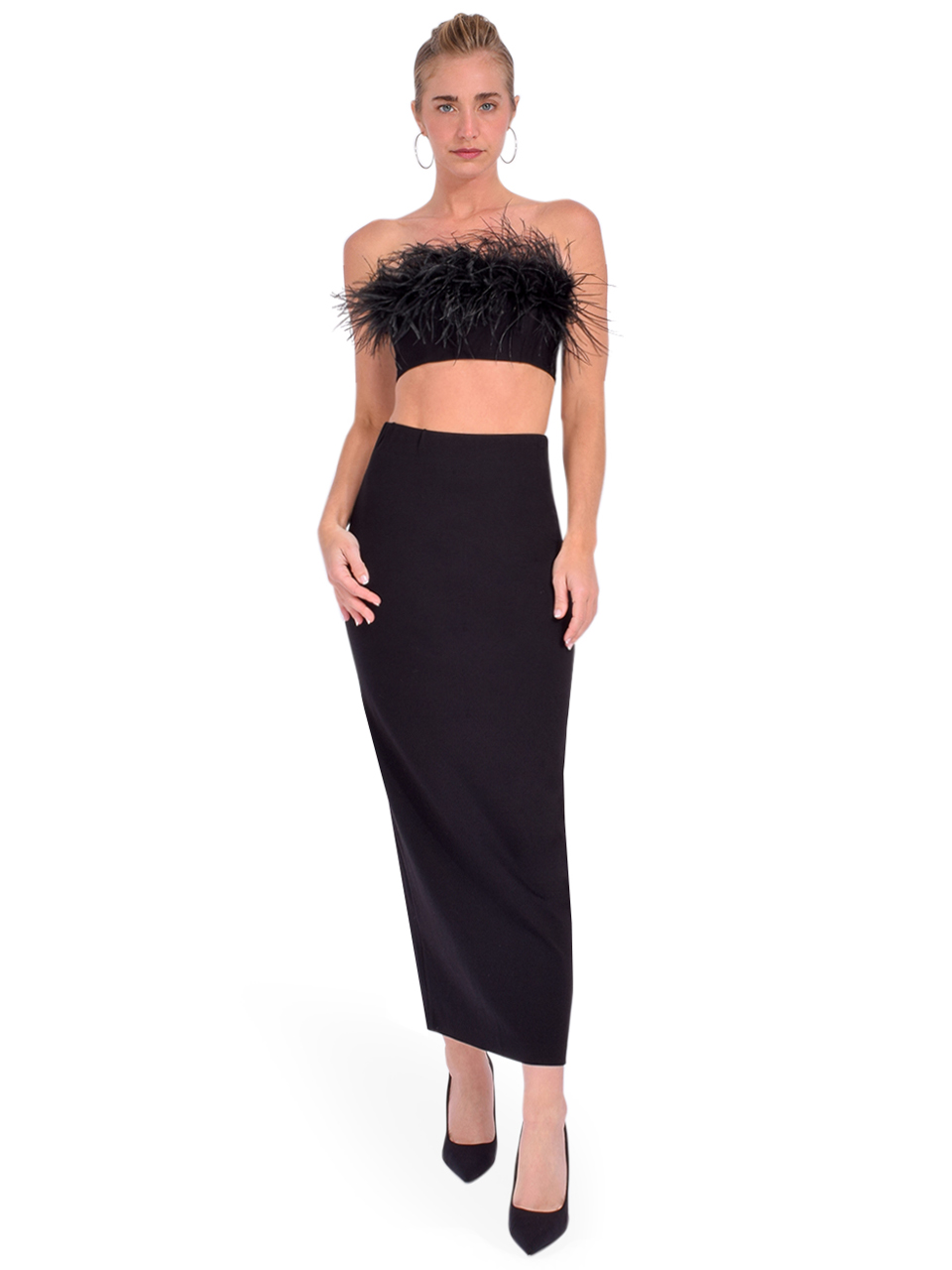 DELFI Lily Feather Trim Bandeau Top in Black Full View 