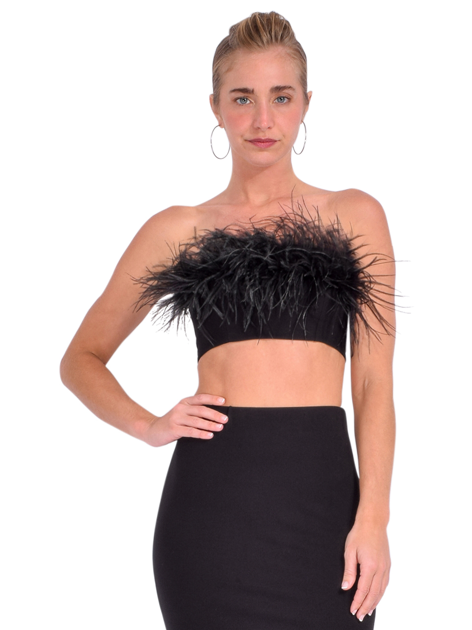 DELFI Lily Feather Trim Bandeau Top in Black