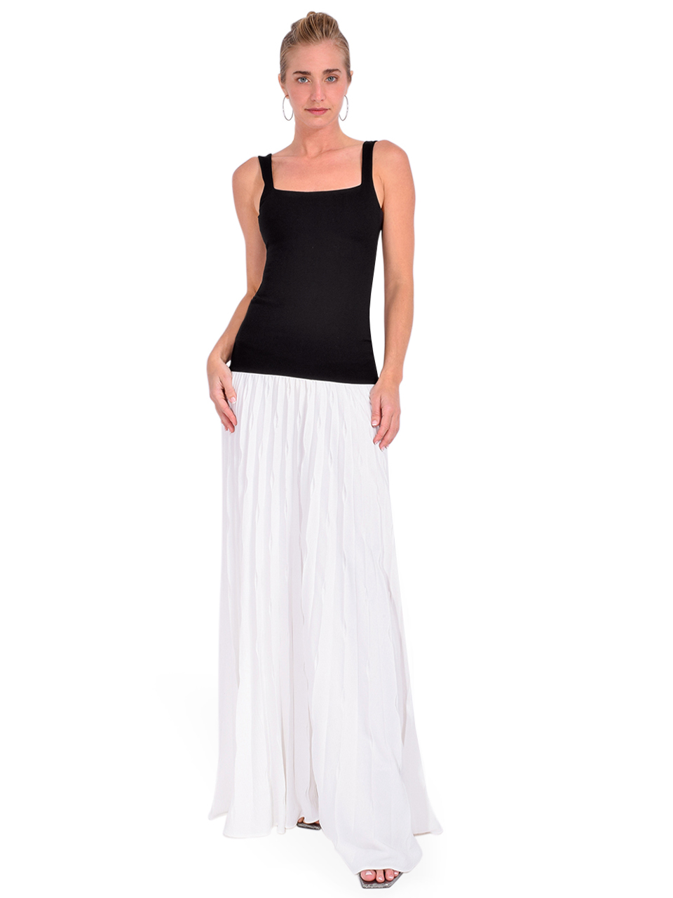 Delfi Caroline Pleated Combo Dress in Black/ White Front View 