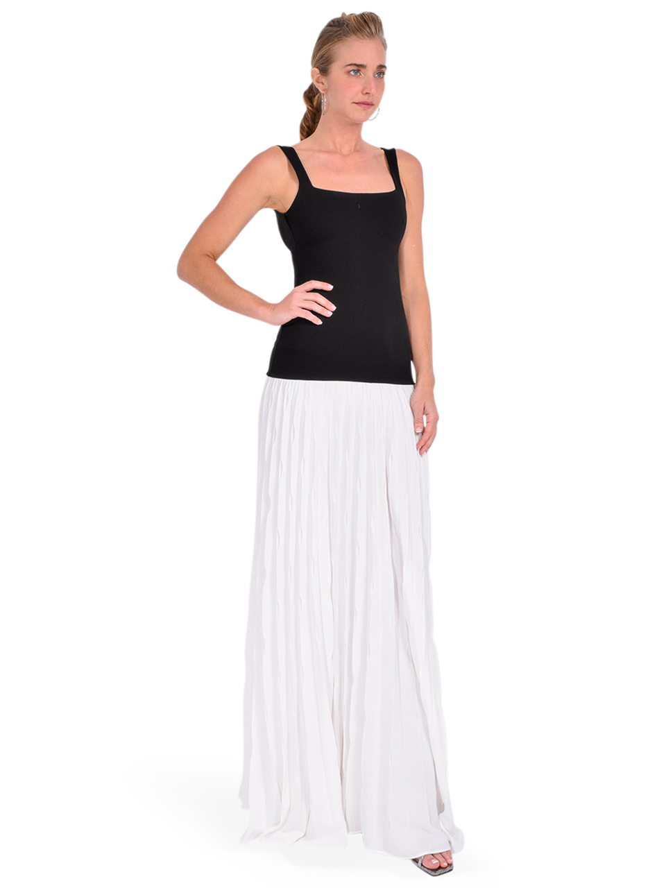 Delfi Caroline Pleated Combo Dress in Black/ White Side View 