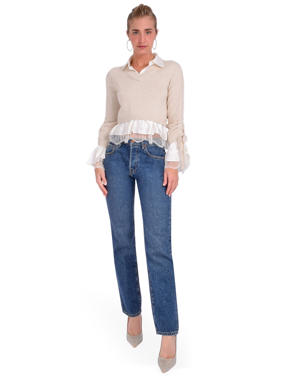 NSF Owen Mid Rise Slouchy Straight Leg Jean in Blue Full Outfit 