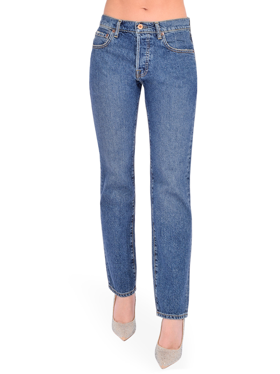 NSF Owen Mid Rise Slouchy Straight Leg Jean in Blue Front View 