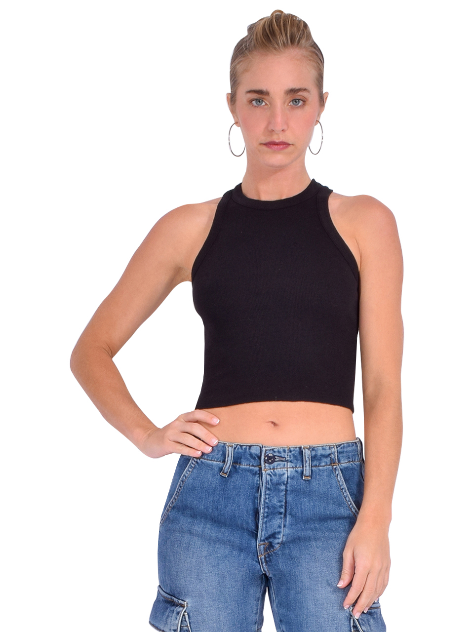 NSF Amaya Crop Rib Tank in Black Front View 