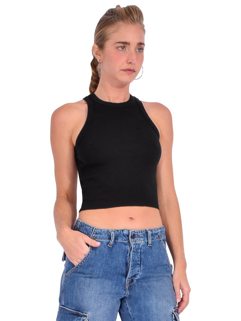 NSF Amaya Crop Rib Tank in Black Side View 