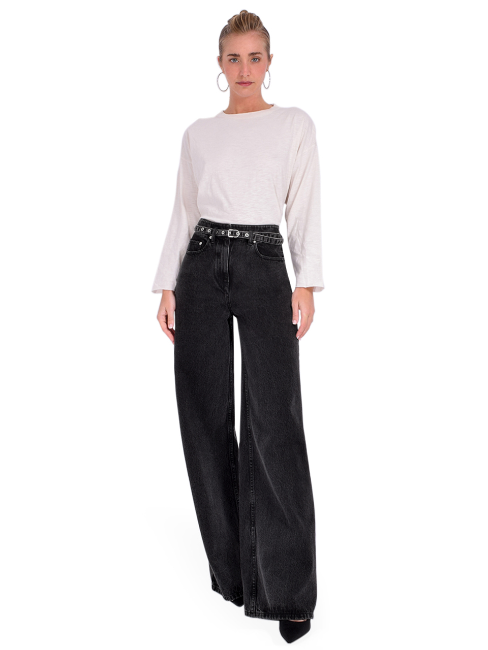 NSF Loffler Long Sleeve Boxy Tee in Ivory Full Outfit 
