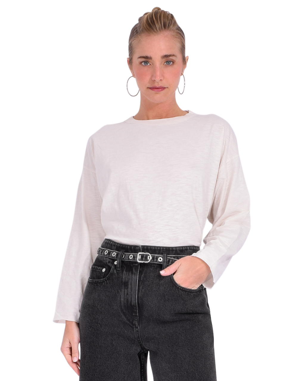 NSF Loffler Long Sleeve Boxy Tee in Ivory Front View 