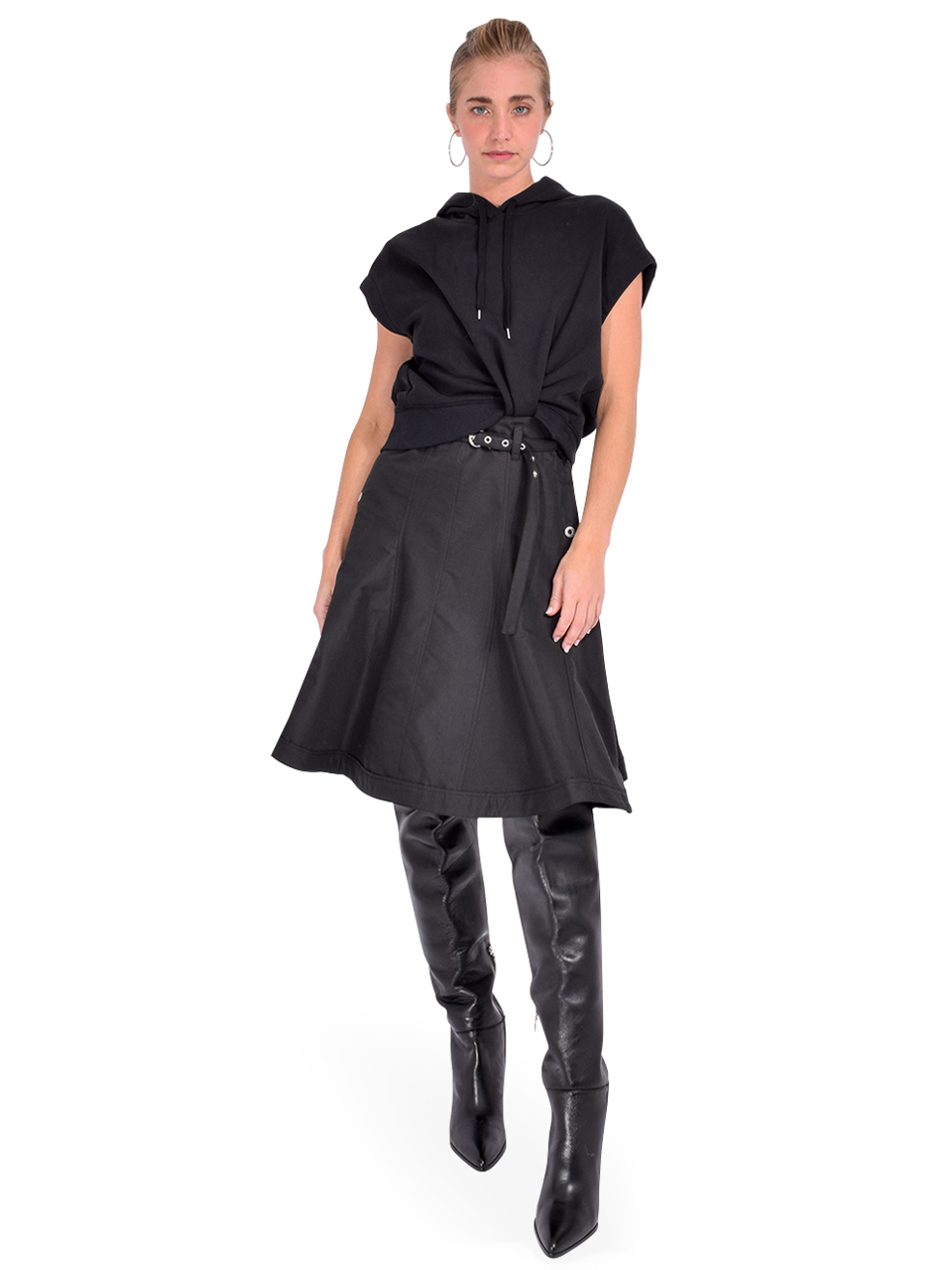 3.1 Phillip Lim Hoodie Dress with Flounce Skirt in Black Front View 1