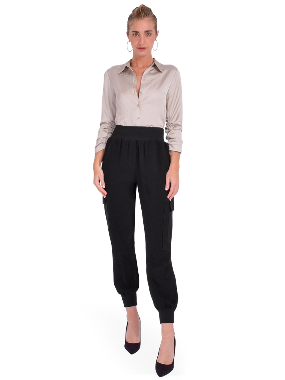 DREW Adelynn Ruched Sleeve Blouse in Pewter Full Outfit 