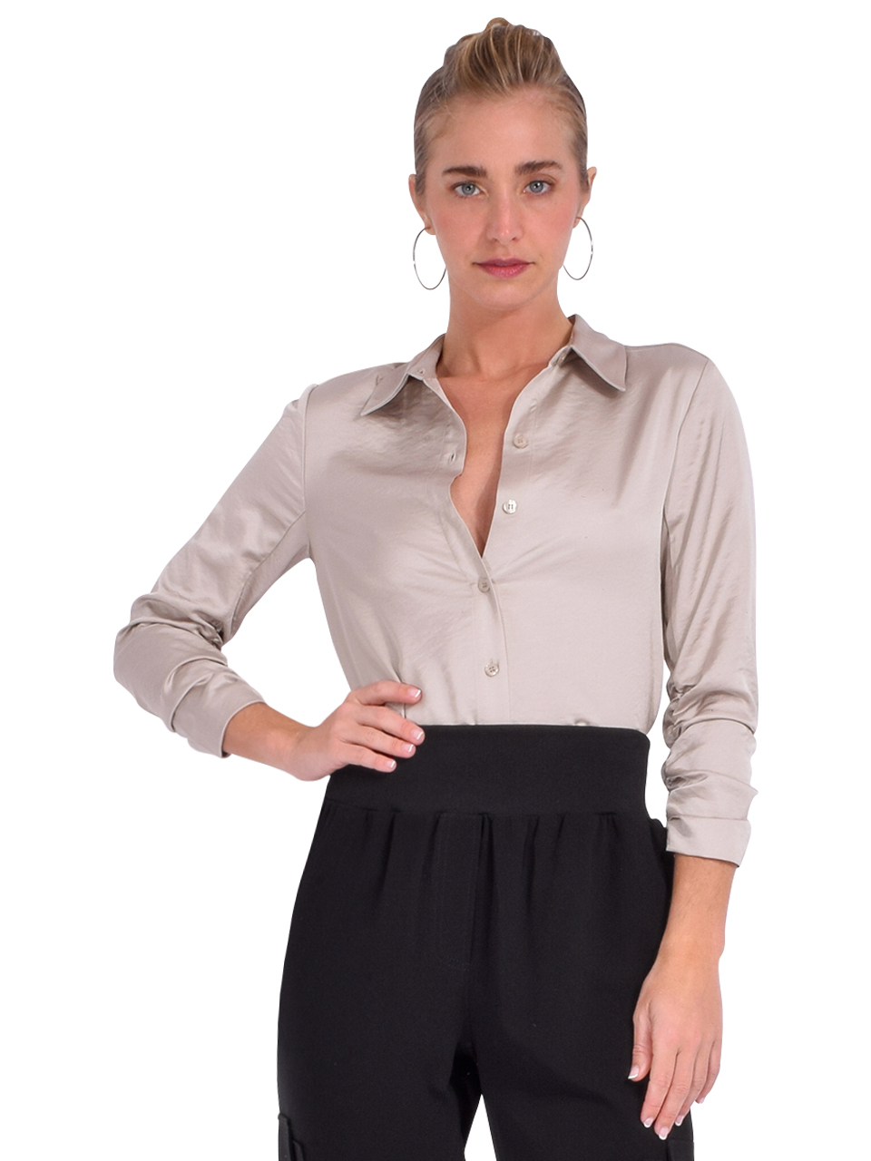 DREW Adelynn Ruched Sleeve Blouse in Pewter Front View 