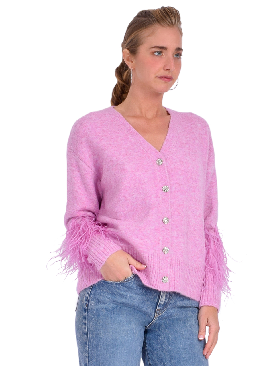 Cinq a Sept Briana Feather Cardigan in Pink Side View 