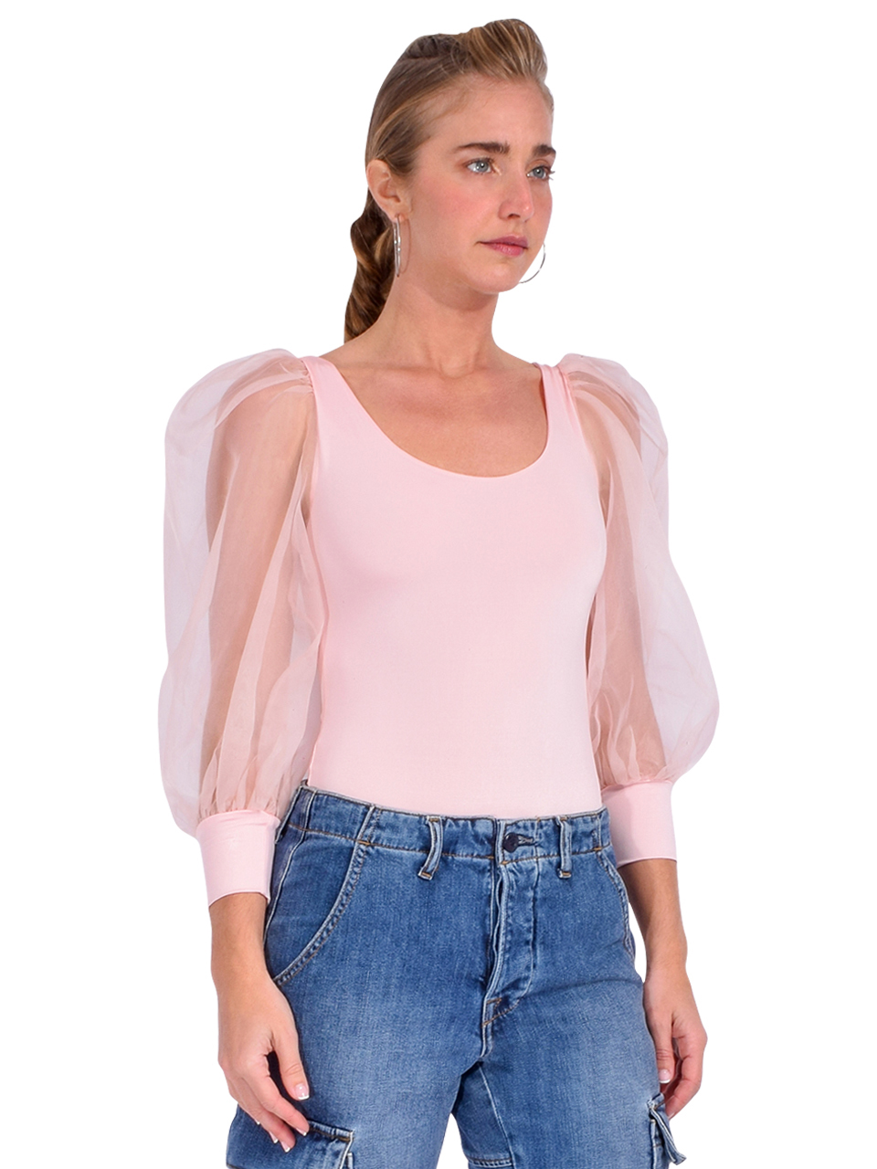 Alice + Olivia Jillianne Scoop Neck Puff Sleeve Bodysuit In Pearl Pink Side View 